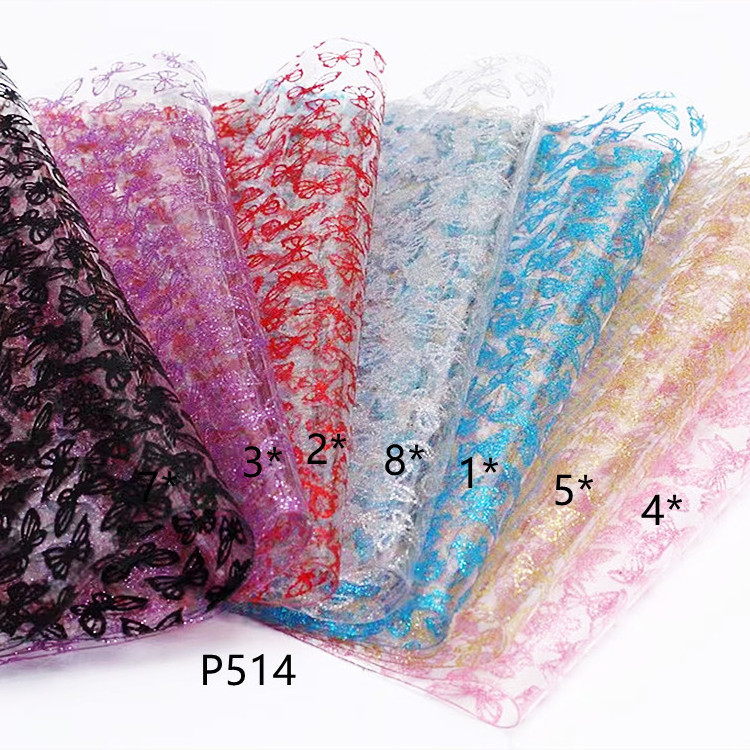 P514 Transparent PVC Film with Glitter Butterfly Design custom leather for bags shoe uppers hair accessories craft supplies