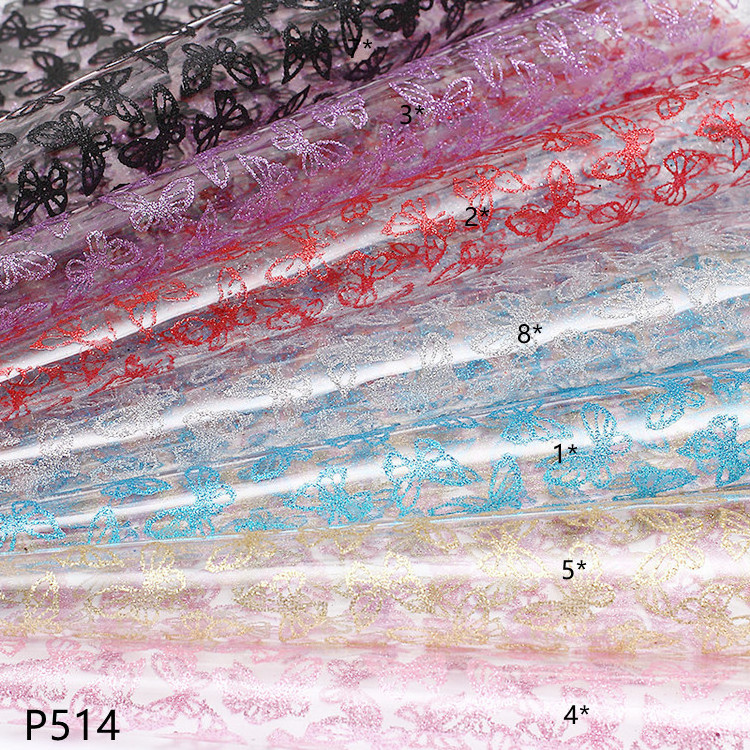 P514 Transparent PVC Film with Glitter Butterfly Design custom leather for bags shoe uppers hair accessories craft supplies