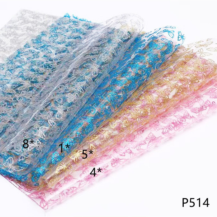 P514 Transparent PVC Film with Glitter Butterfly Design custom leather for bags shoe uppers hair accessories craft supplies