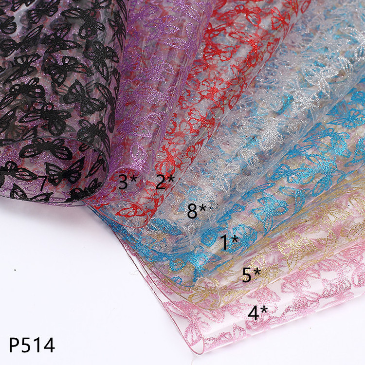 P514 Transparent PVC Film with Glitter Butterfly Design custom leather for bags shoe uppers hair accessories craft supplies