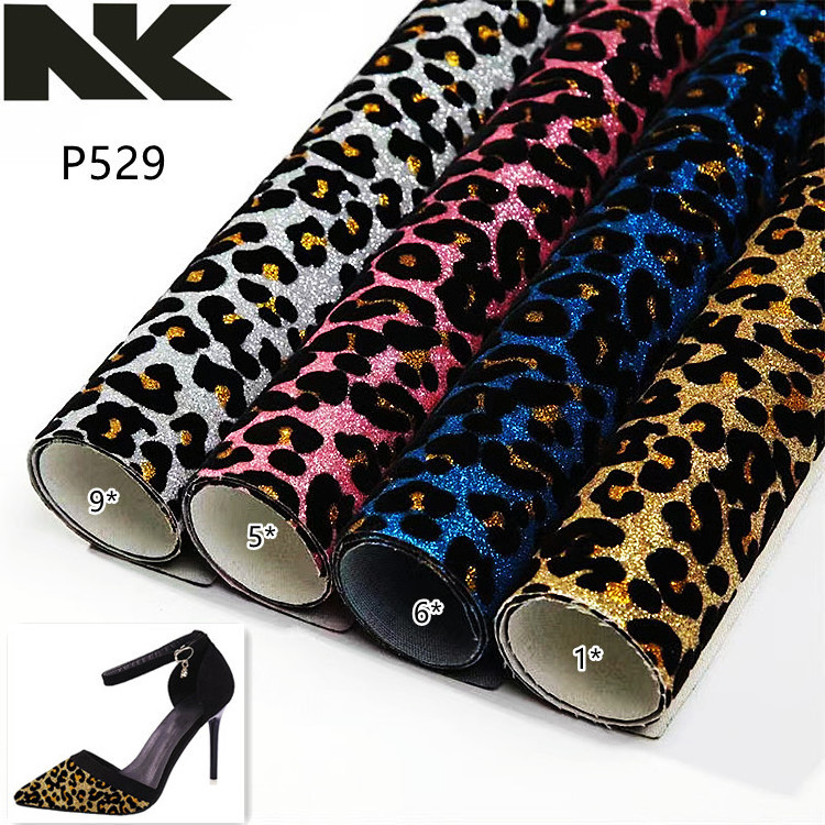 P529 flocking leopard Glitter  Leather Fabric for bags, handbags, uppers, walls, hair accessories , craft supplies