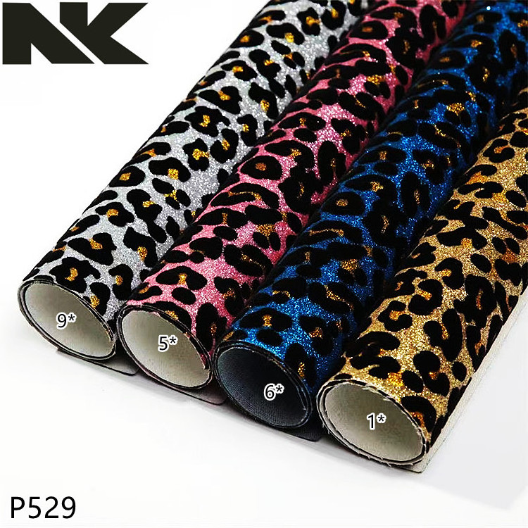 P529 flocking leopard Glitter  Leather Fabric for bags, handbags, uppers, walls, hair accessories , craft supplies