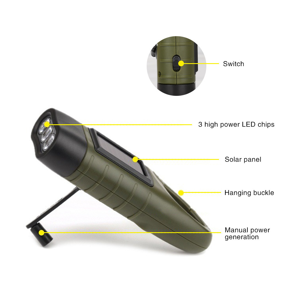 Portable LED Hand Crank Dynamo Solar Power Flashlight Rechargeable Torch For Outdoor Camping Mountaineering Lighting Flashlamp