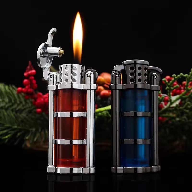 Hot sell retro transparent oil chamber kerosene pink and blue flame lighter butain