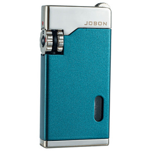 Dual direct blast windproof lighter features cigar lighter with clear transcorched window