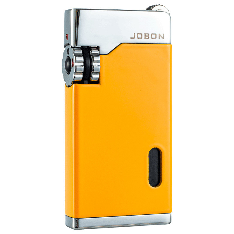 Dual direct blast windproof lighter features cigar lighter with clear transcorched window