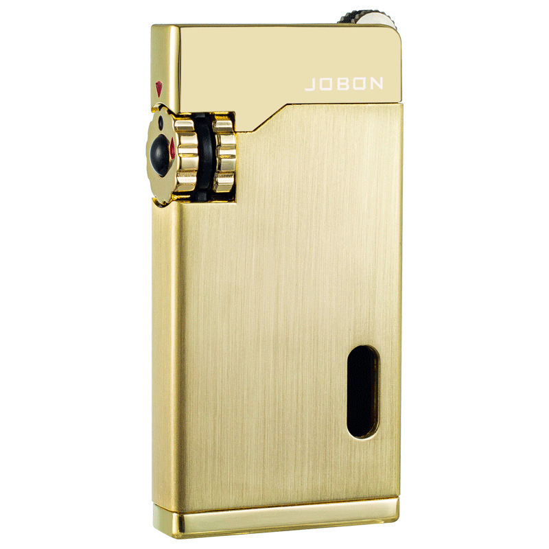 Dual direct blast windproof lighter features cigar lighter with clear transcorched window