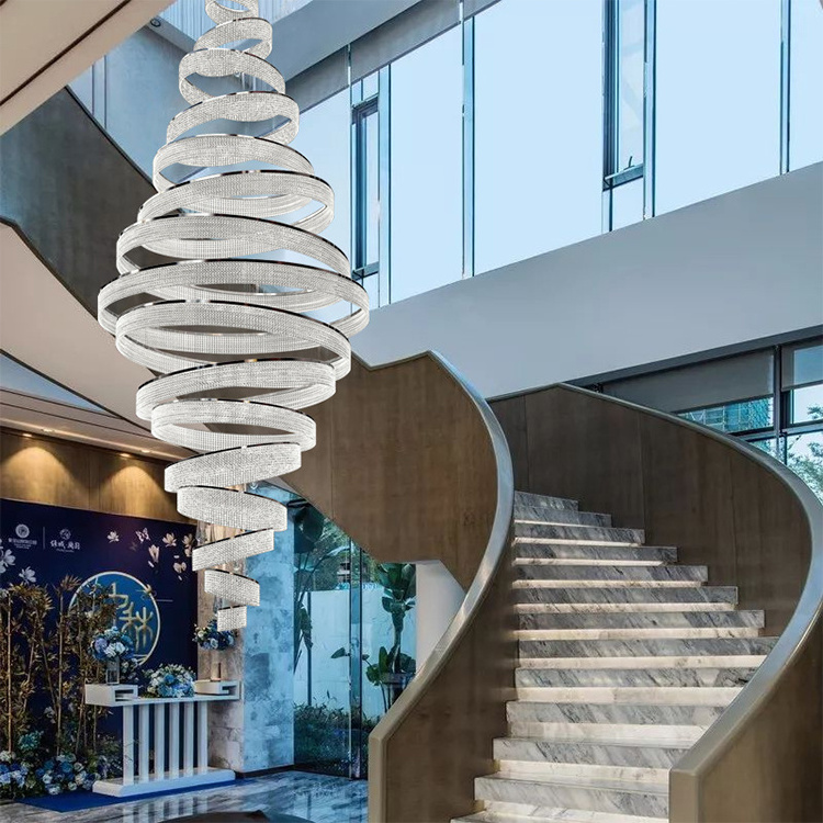 Luxury Custom Long Interior Decoration Hotel Staircase Project Gold Spiral Large Crystal Ring Chandelier Light