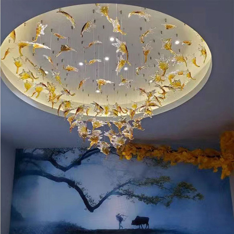 Professional Customized Project Design Large Hotel Villa Lobby Lighting Glass Leaves Led Chandelier Ceiling Light