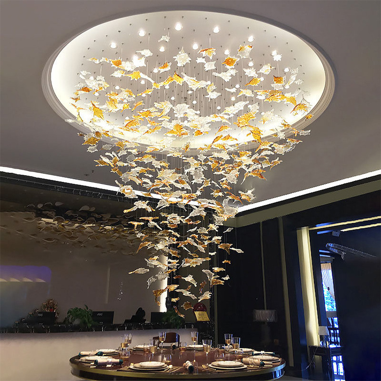 Professional Customized Project Design Large Hotel Villa Lobby Lighting Glass Leaves Led Chandelier Ceiling Light