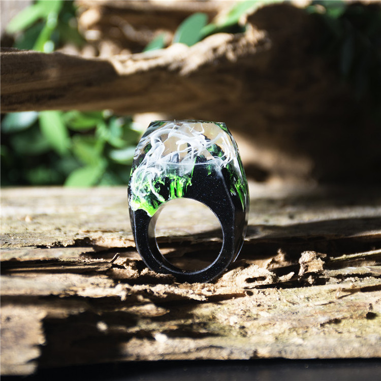 Fashion Women Resin Wood Rings Magic Forest Wooden Ring Handmade Miniature World Inside Ring