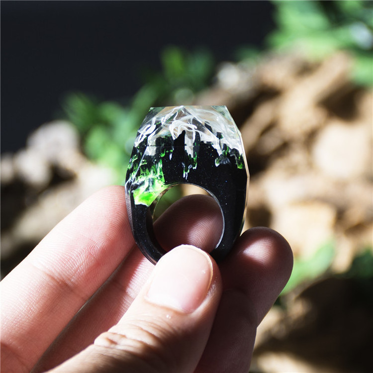 Fashion Women Resin Wood Rings Magic Forest Wooden Ring Handmade Miniature World Inside Ring