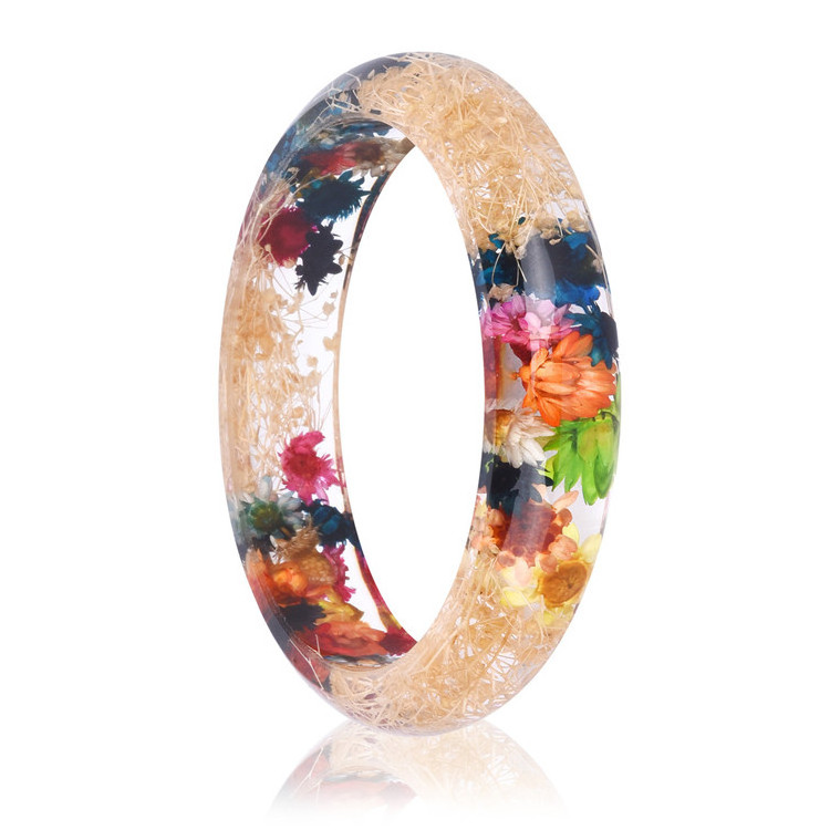 Custom Made Boho Resin flower Bracelet beautiful colorful various dried flower clear acrylic resin bangle