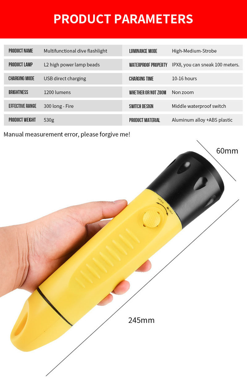 1200 Lumens IPX8 100m Diving Multifunctional LED Diving Flashlight