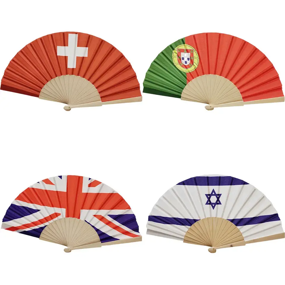 Custom Logo Printing Advertising All Countries Flag Folding Wooden Hand Held Fan for Gift