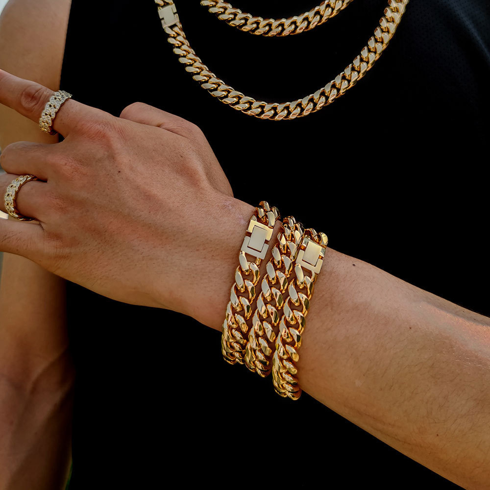 NUOYA 8/10/12MM 18K Gold Plated Miami Pulseras De Oro Stainless Steel Cuban Link Chain Hip Hop Jewelry Men Bracelet