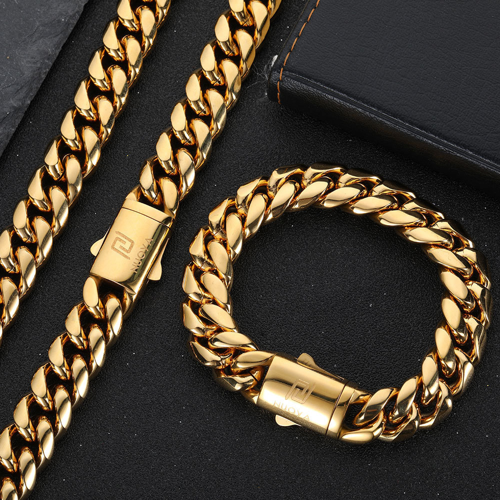 Nuoya Men Wrist Band Bracelet Gold Plated Miami Cuban Link Chain Custom Stainless Steel Bracelet