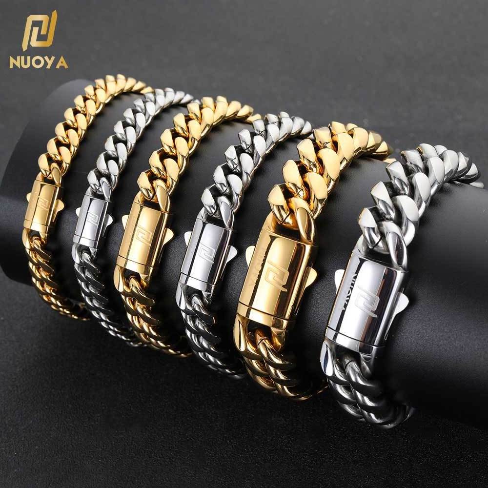 Nuoya Men Wrist Band Bracelet Gold Plated Miami Cuban Link Chain Custom Stainless Steel Bracelet