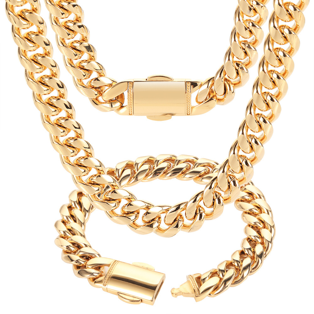 Nuoya Men Wrist Band Bracelet Gold Plated Miami Cuban Link Chain Custom Stainless Steel Bracelet