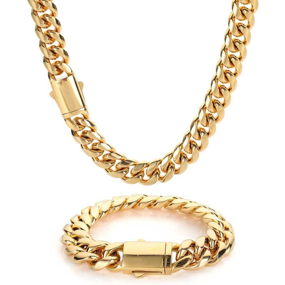 NUOYA Custom Logo Miami Cuban Link Chain Stainless Steel Hip Hop Jewelry 14K/18K Gold Plated Cuban Chain men's Necklace