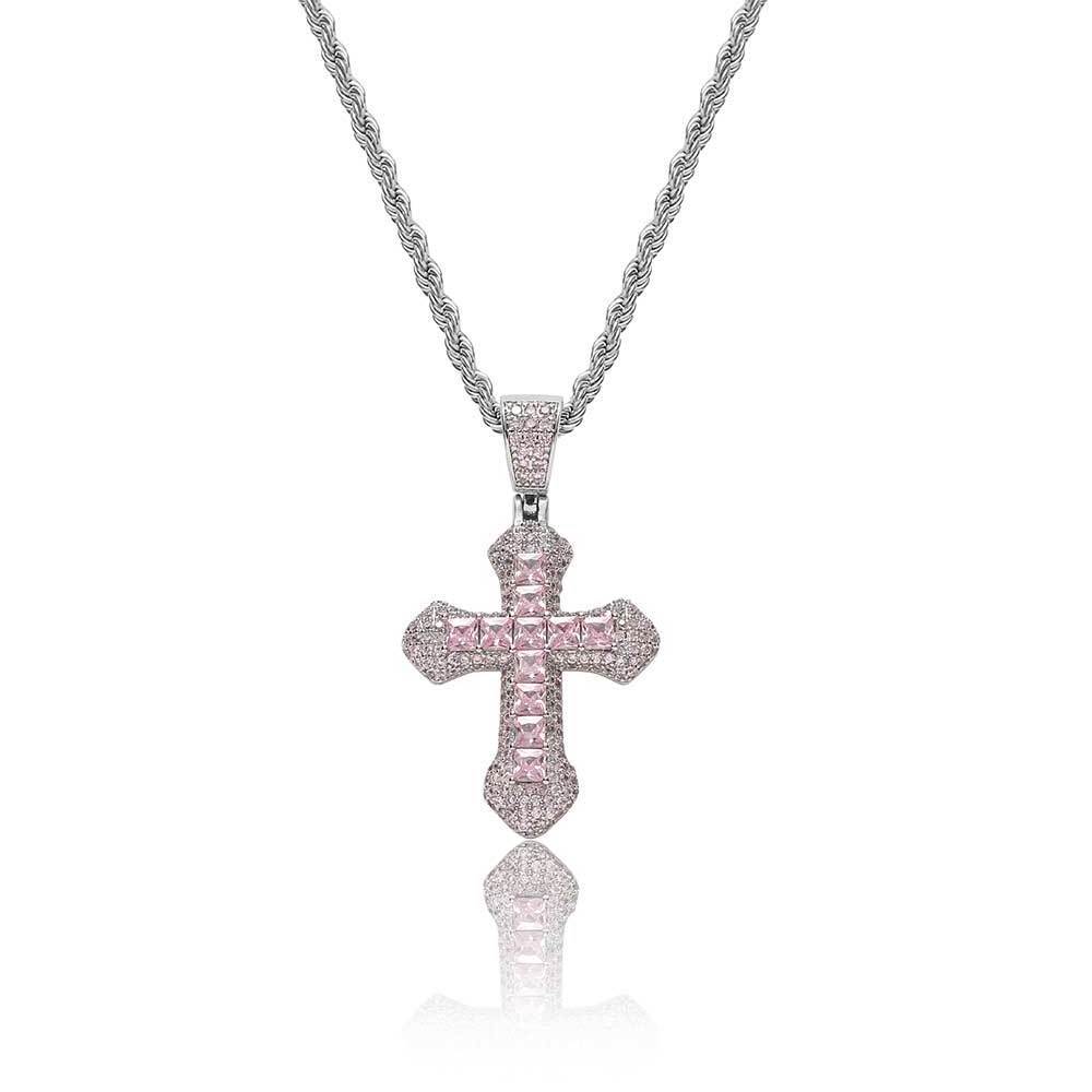 Hip Hop Diamond Cross Pendant Iced Out Baguette CZ Gold Silver Plated Cross Pendant Necklace Women