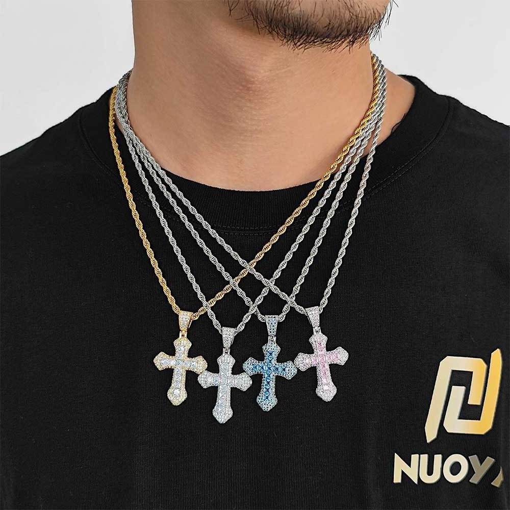 Hip Hop Diamond Cross Pendant Iced Out Baguette CZ Gold Silver Plated Cross Pendant Necklace Women