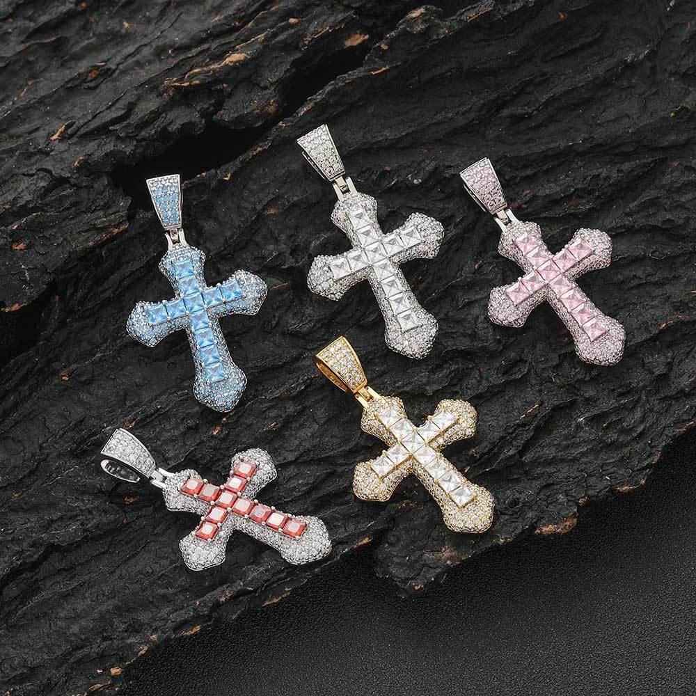 Hip Hop Diamond Cross Pendant Iced Out Baguette CZ Gold Silver Plated Cross Pendant Necklace Women