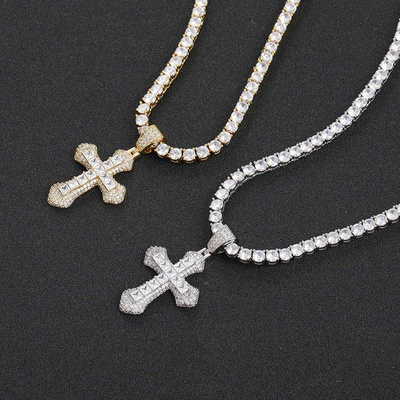 Hip Hop Diamond Cross Pendant Iced Out Baguette CZ Gold Silver Plated Cross Pendant Necklace Women