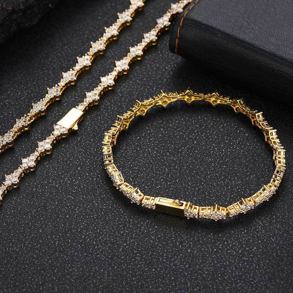 NUOYA Hiphop Jewelry 6.5mm lced Out Flower Tennis Chain 18K Gold Plated Micro Pave CZ Diamond Tennis Chain Bracelet