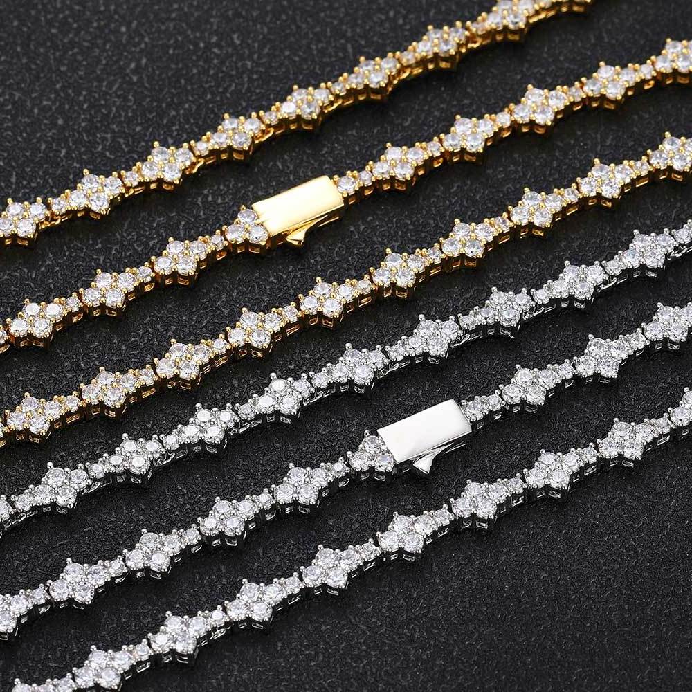 NUOYA Hiphop Jewelry 6.5mm lced Out Flower Tennis Chain 18K Gold Plated Micro Pave CZ Diamond Tennis Chain Bracelet