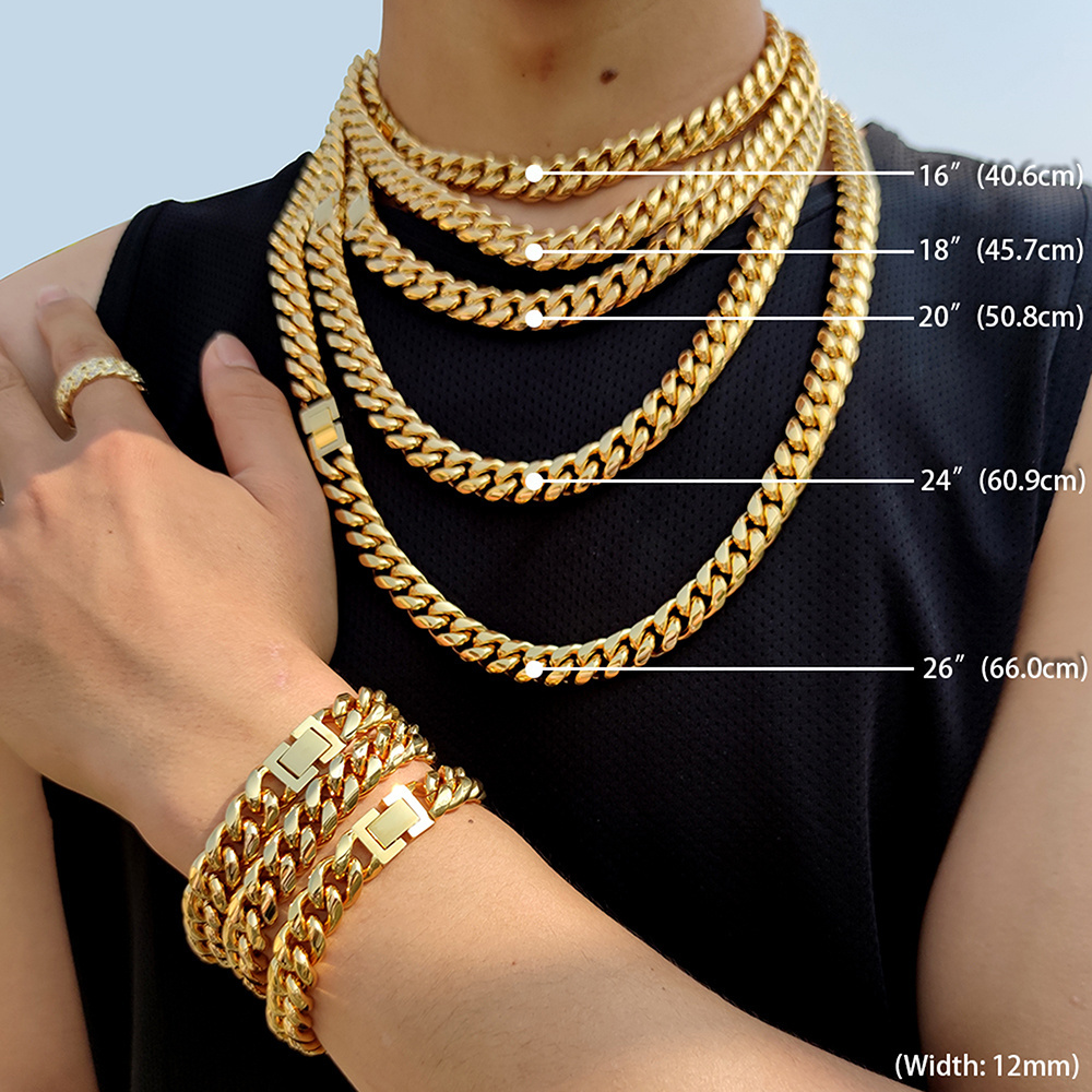 12mm Hip Hop Cuban Link Chain Necklace 18k Men Gold Plated Stainless Steel Cuban Link Chains