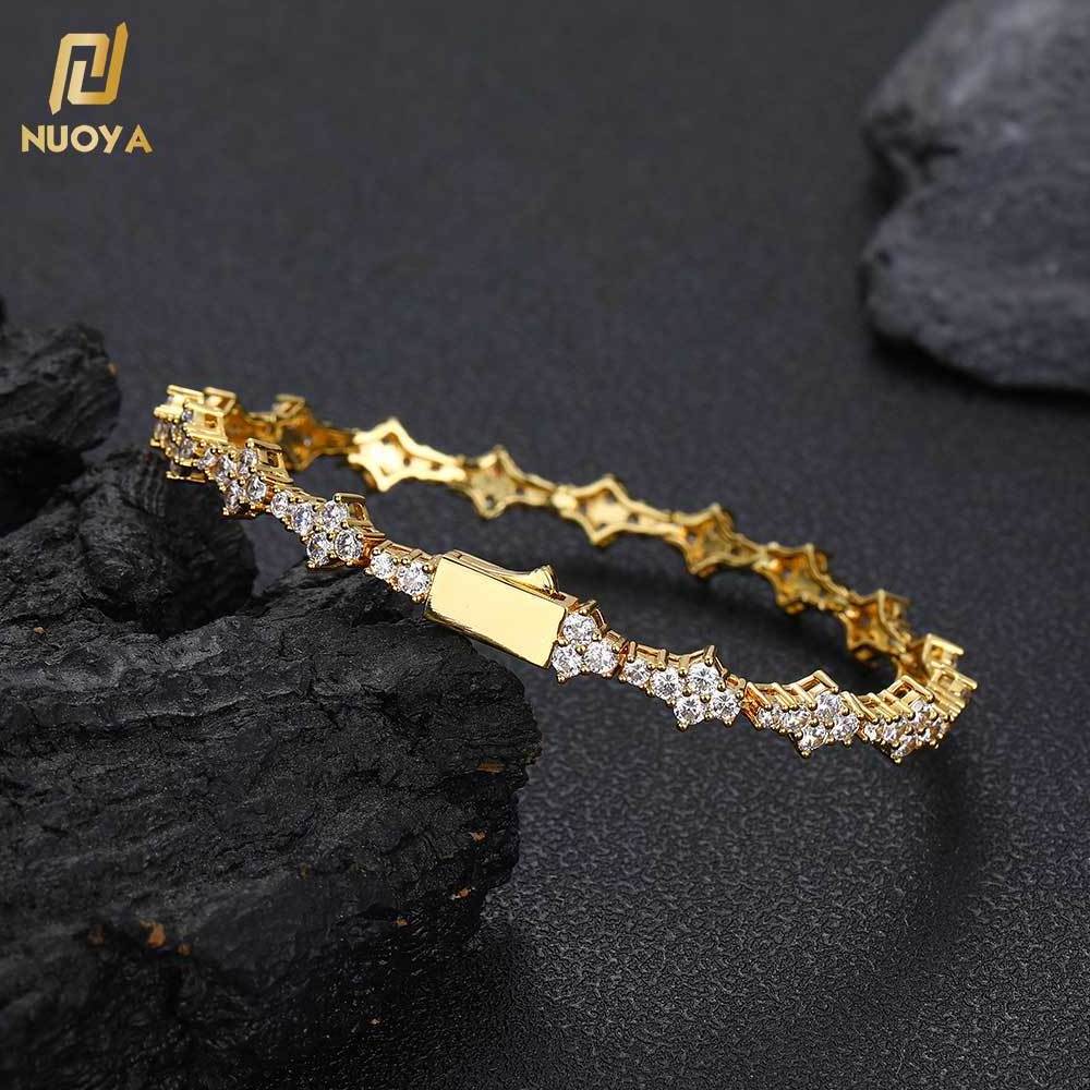 NUOYA Hiphop Jewelry 6.5mm lced Out Flower Tennis Chain 18K Gold Plated Micro Pave CZ Diamond Tennis Chain Bracelet