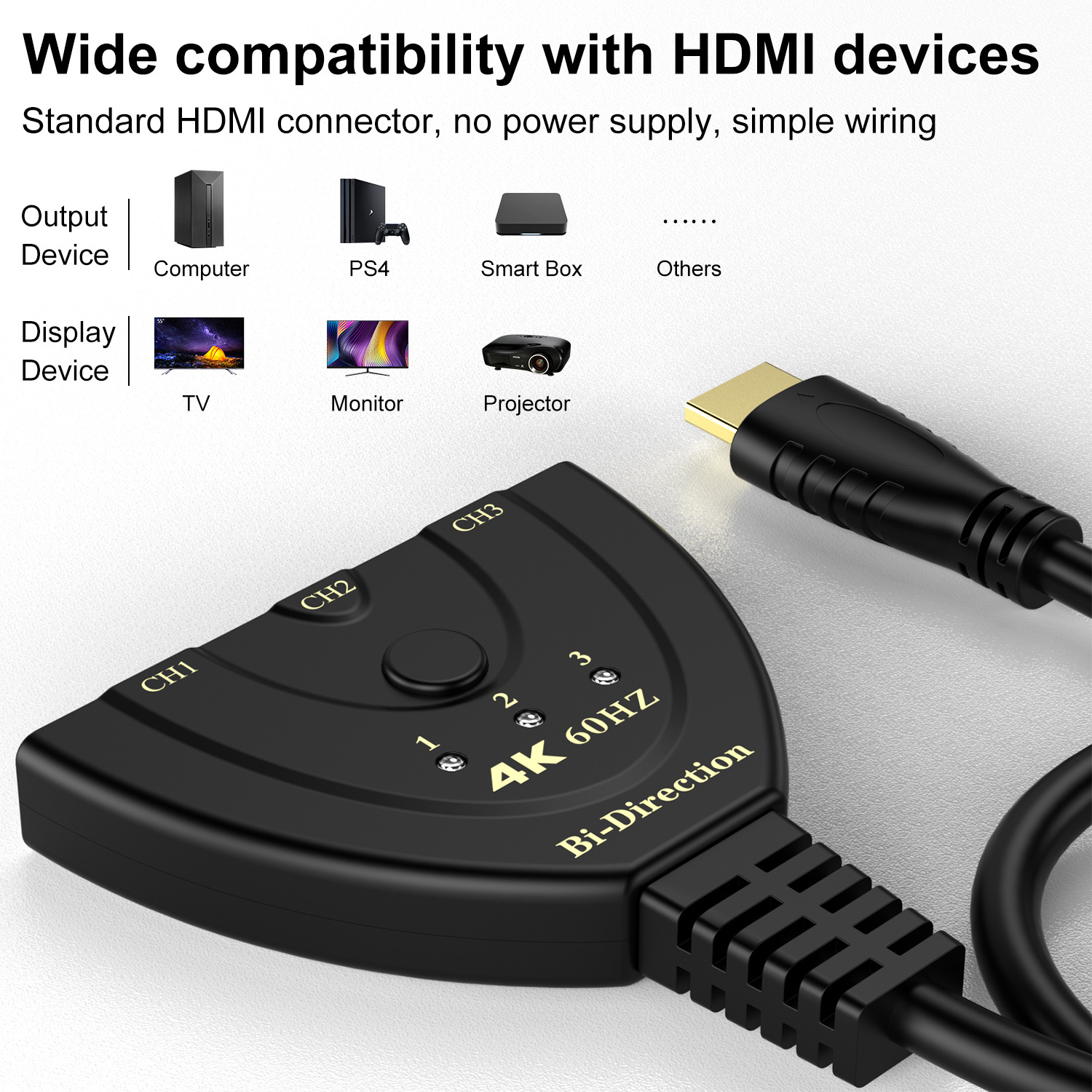 4K HDMI Bi-Directional Switch 1x3 / 3x1 AB Splitter with 3 Port Supports UHD 4K 1080P 3D HDR HDCP Video Splitters & Converters