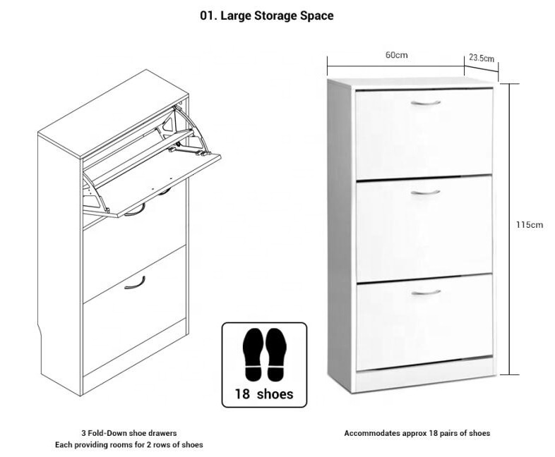 3 Drawer Storage White Melamine Wooden Furniture Slim Tall  Narrow Hallway Shoe Rack Cabinet