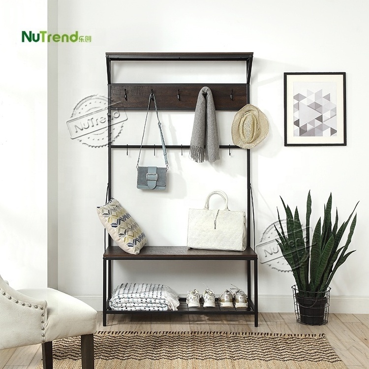 Metal Wooden Clothes Hanger Storage Shelf Entrance Hall Tree Shoe Bench Entryway Coat Rack