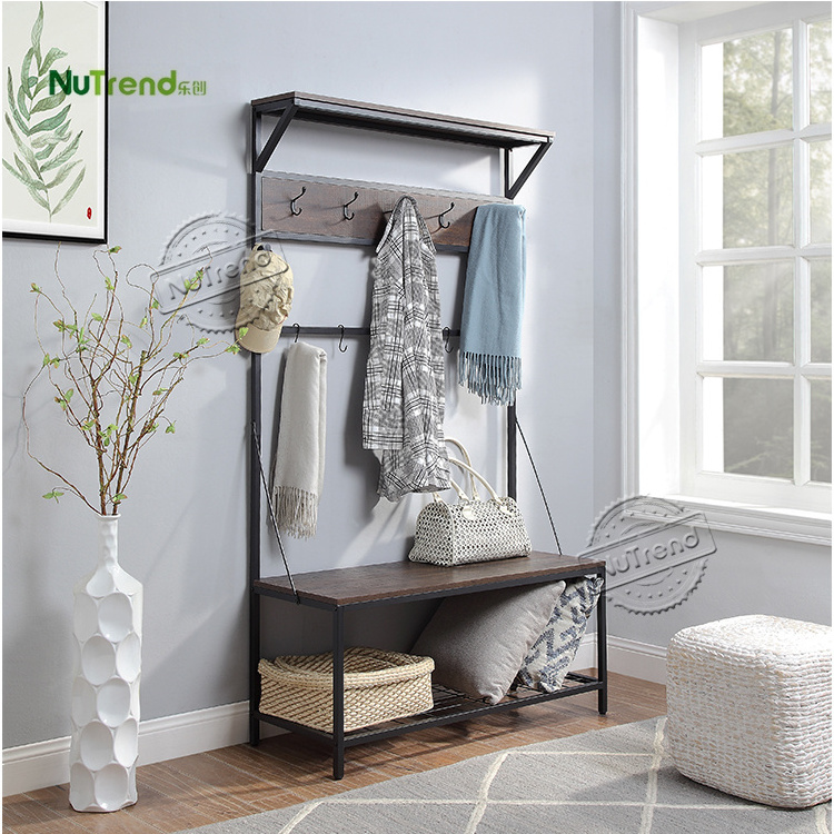 Metal Wooden Clothes Hanger Storage Shelf Entrance Hall Tree Shoe Bench Entryway Coat Rack