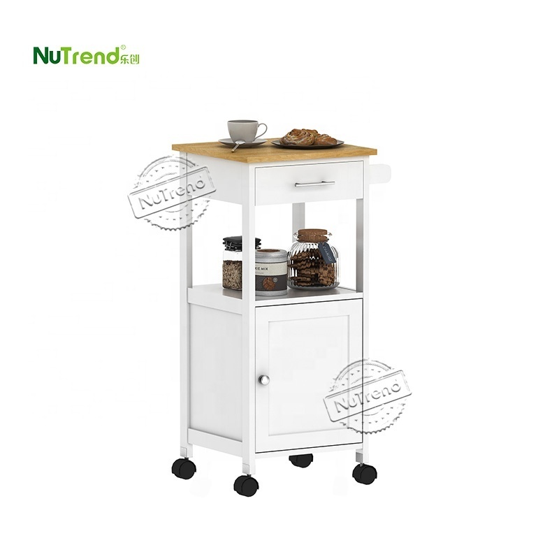 Cheap Wood Rolling Storage Trolley with Drawer and Door Narrow Small Serving Kitchen Utility Food Cabinet Cart on Wheels