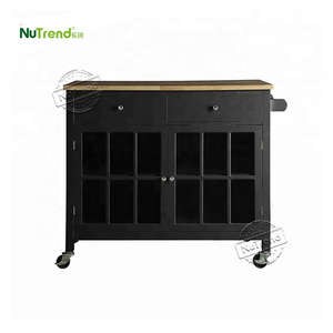 Movable Black Trolley Wooden Serving Storage Cabinet on Wheels Rolling Kitchen Islands Buffet Bar Cart with Drawer