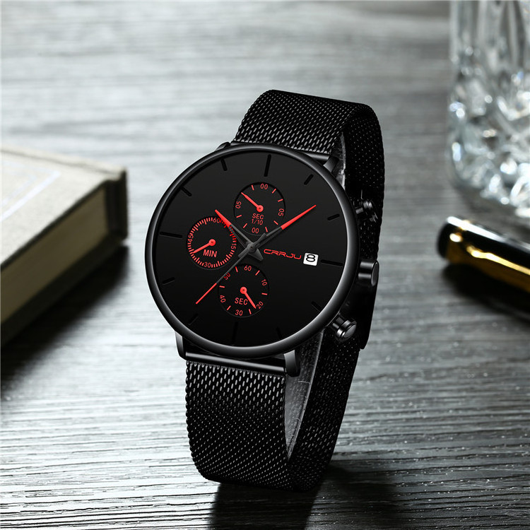 Classic Men Luxury Brand Watches Black Stainless Steel Minimalist Male Analog Clock Waterproof CRRJU 2268 Quartz Men Wrist Watch