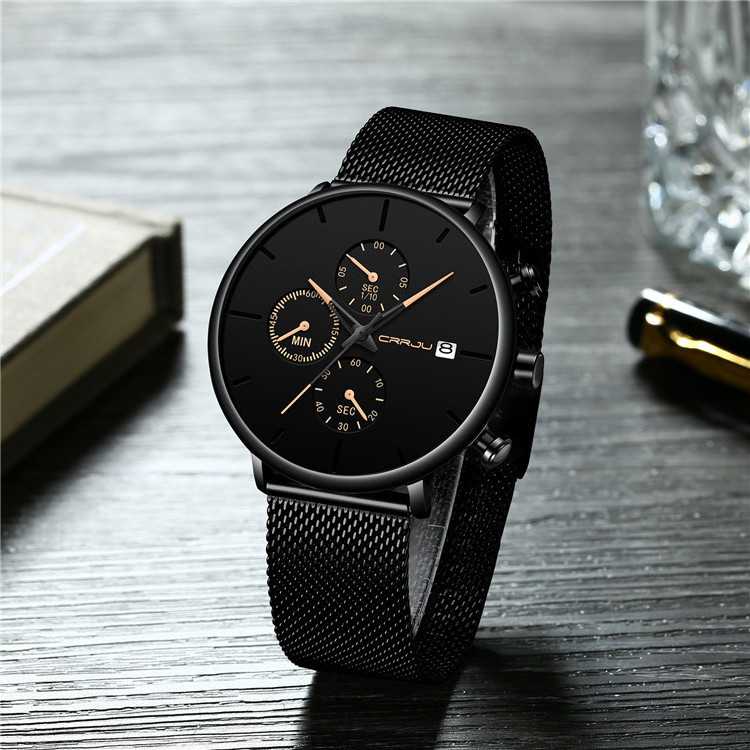 Classic Men Luxury Brand Watches Black Stainless Steel Minimalist Male Analog Clock Waterproof CRRJU 2268 Quartz Men Wrist Watch