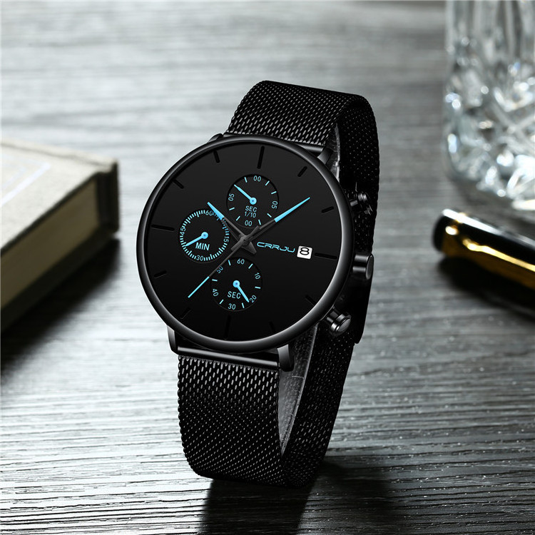 Classic Men Luxury Brand Watches Black Stainless Steel Minimalist Male Analog Clock Waterproof CRRJU 2268 Quartz Men Wrist Watch