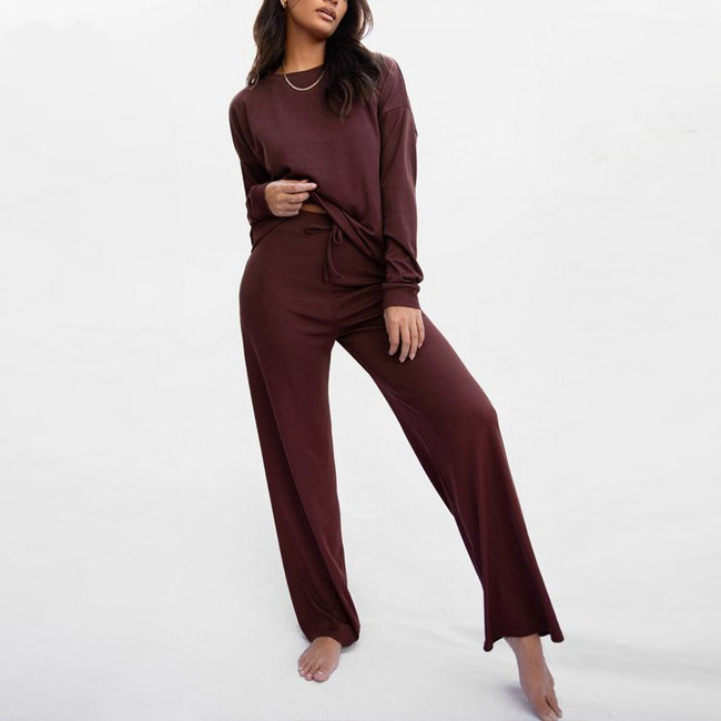 2022 New Arrival Wholesale Cheaper  Soild Colour Top and Wide Leg Pants Pajamas Casual soft Two Piece Set Loungewear