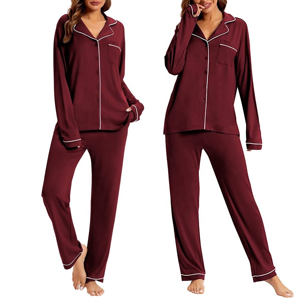 Women's Bamboo Pajamas Soft Notch Collar Long Sleeve Bamboo Sleepwear Button Down PJ Sets For Women