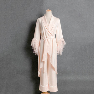 Customizable Factory Price 2022 Long Sleeve Silk Pajamas Feather Cuffs Pure Pink Color Luxury Bridal And Bridesmaid Party Robes