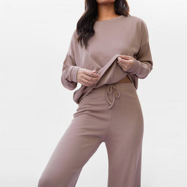 2022 New Arrival Wholesale Cheaper  Soild Colour Top and Wide Leg Pants Pajamas Casual soft Two Piece Set Loungewear