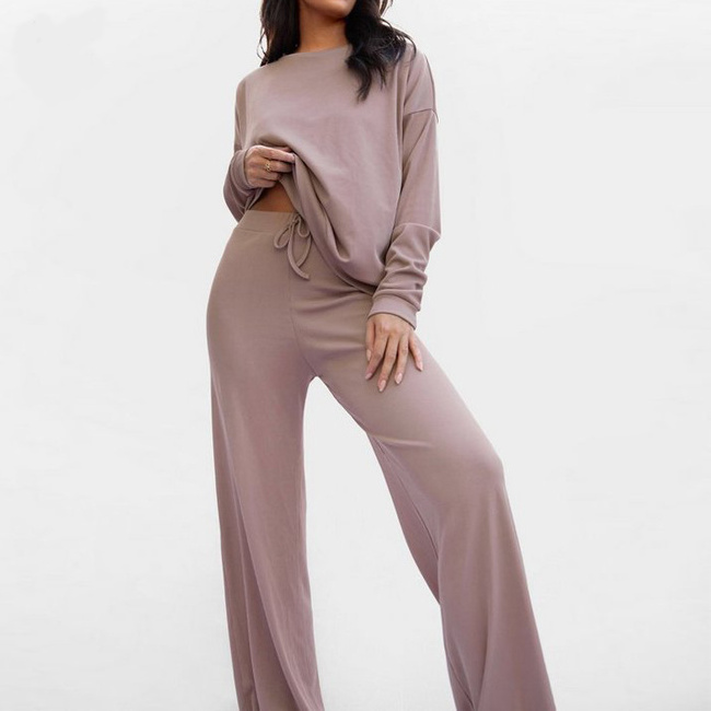 2022 New Arrival Wholesale Cheaper  Soild Colour Top and Wide Leg Pants Pajamas Casual soft Two Piece Set Loungewear