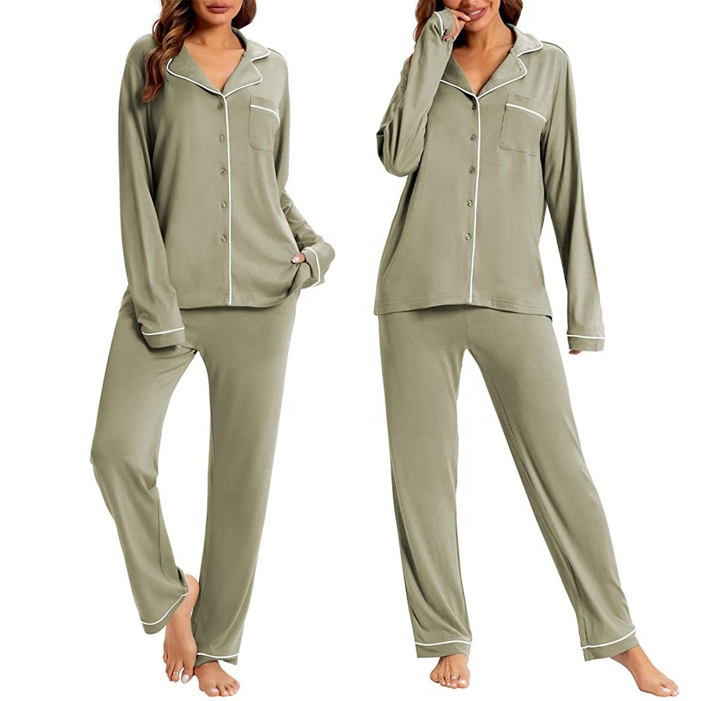 Women's Bamboo Pajamas Soft Notch Collar Long Sleeve Bamboo Sleepwear Button Down PJ Sets For Women