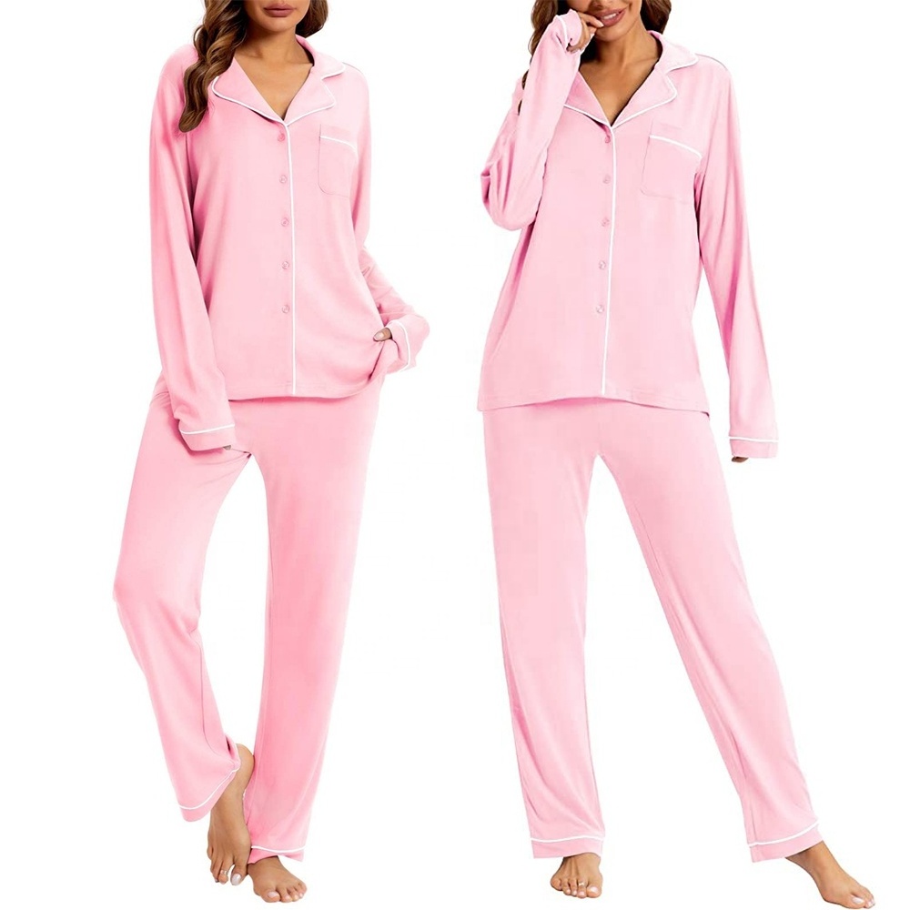 Women's Bamboo Pajamas Soft Notch Collar Long Sleeve Bamboo Sleepwear Button Down PJ Sets For Women