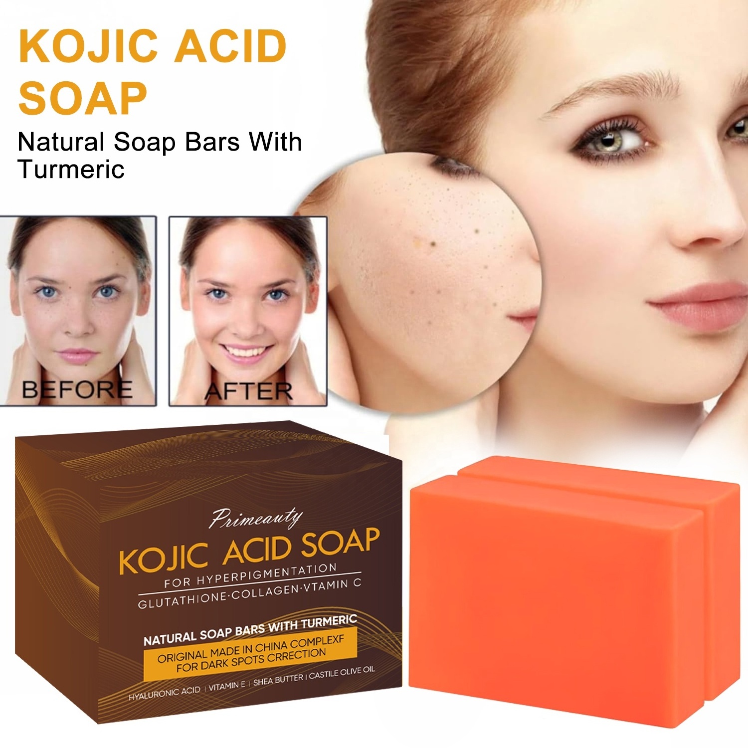 kojic acid soap bar face soap acne carrot  lemon turmeric vitamin c retinol whitening brightening original savon kojie san soap