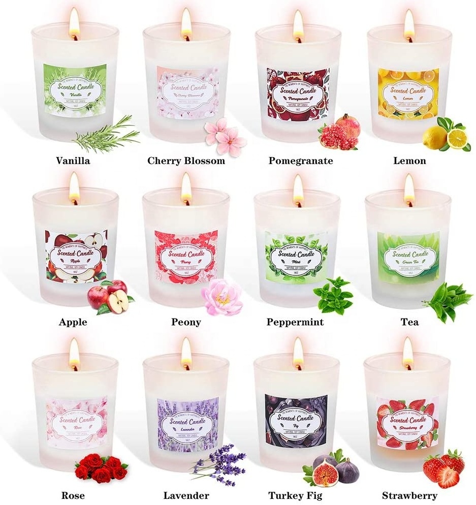 12 Pack Long Lasting Frosted Glass Lavender Vanilla Lemon Rose Natural Soy Wax Votive Scented Aromatherapy Candles